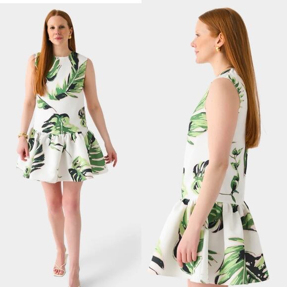 Leo Lin Petra Floral Botanica Print Mini Dress White Green Size US 8 - Picture 2 of 11